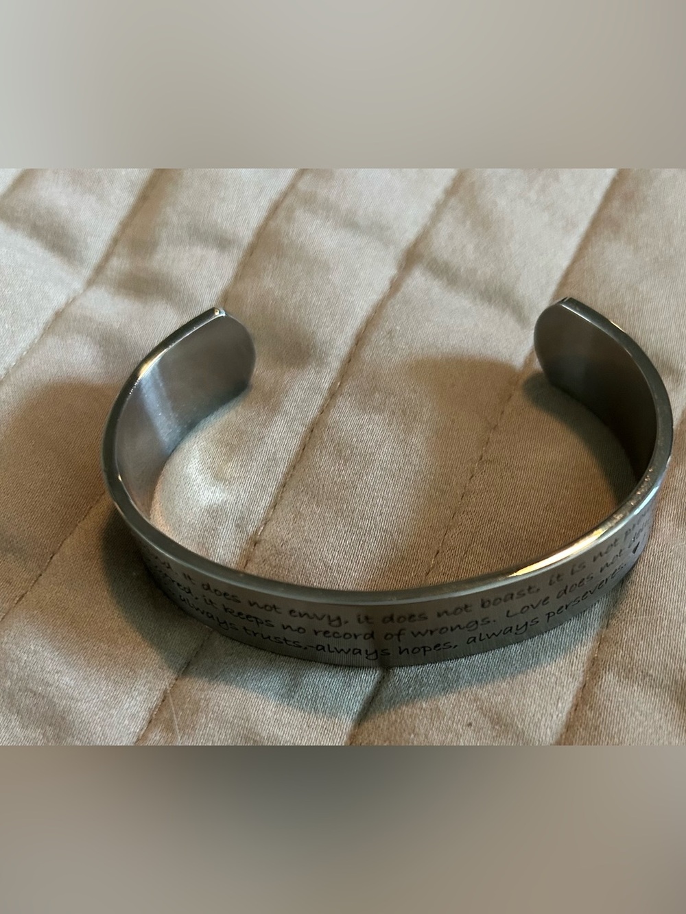 1 Corinthians 13: 4-7 Inscribed Stainless Steel Cuff Bracelet